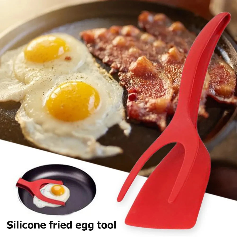 Grip & Flip Cooking Tongs shown beside pan of bacon and eggs