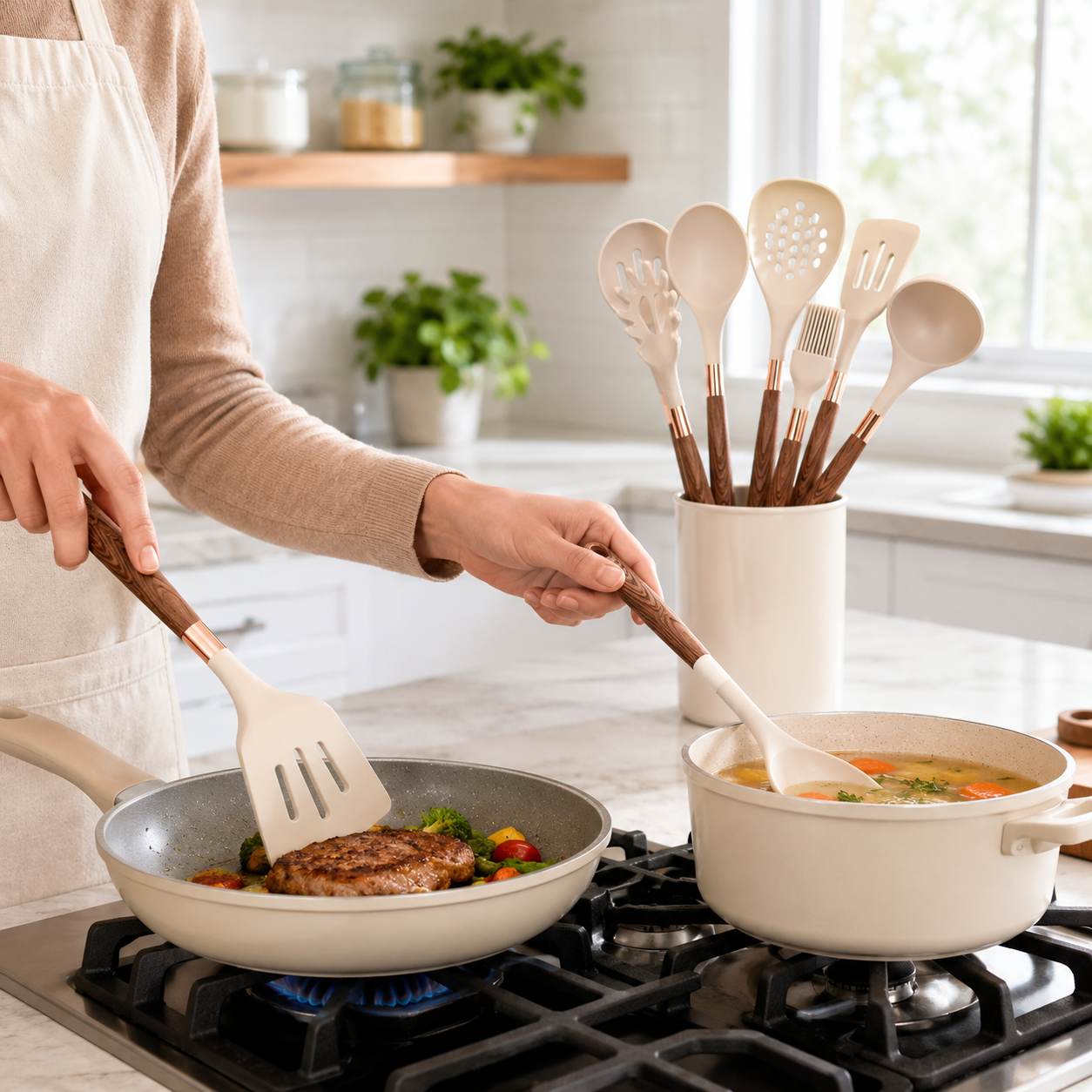 Luxury Silicone Kitchen Utensil Set with Copper & Wood Handles