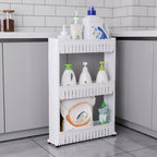 Rolling Storage Organizer on tiled laundry room floor product on shelf of rolling storage organizer