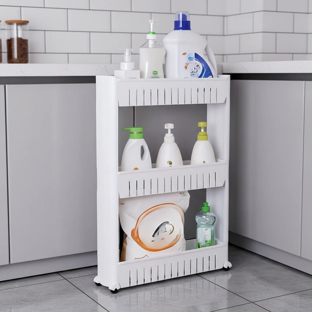 Rolling Storage Organizer on tiled laundry room floor product on shelf of rolling storage organizer