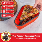 Space-Saving Pizza Storage Container on kitchen counter with slice of pizza inside next to cutting board with a pizza on it
