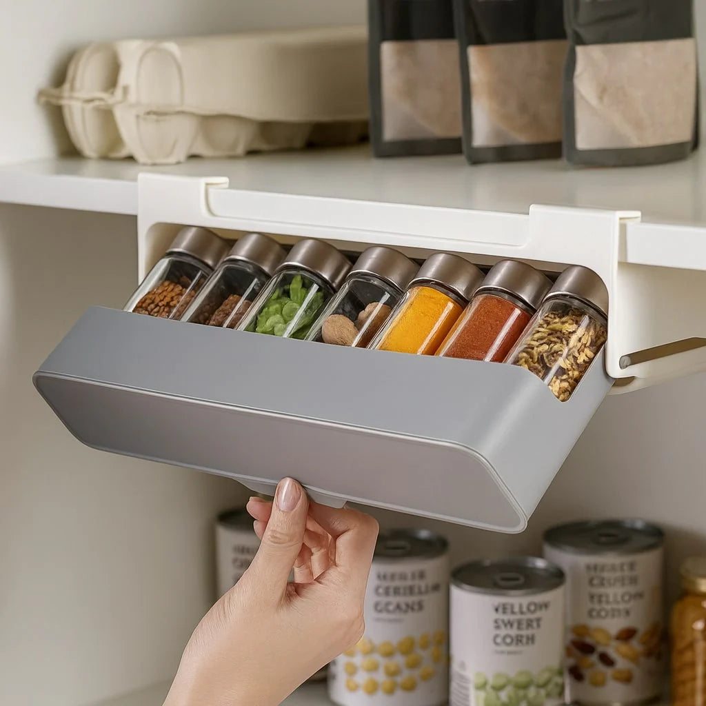 Spice Organizer rack installed under shelf partly folded open filled with spice bottles