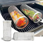 2 Stainless Steel Rolling Grill Baskets on bbq full of vegetables
