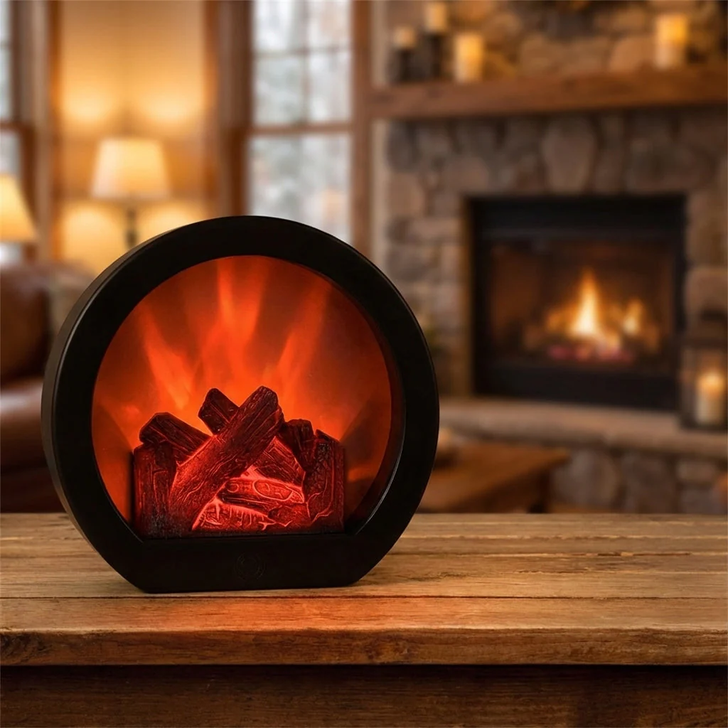 Faux fireplace insert on a wooden surface with a cozy living room background