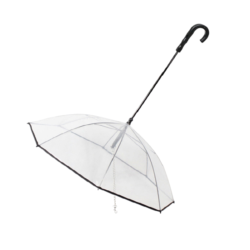 Clear umbrella with a black handle on a white background