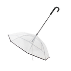 Clear umbrella with a black handle on a white background