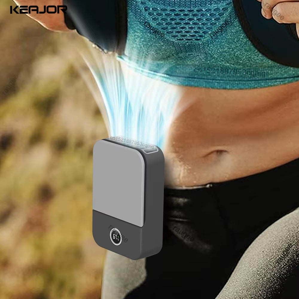 USB Powered Portable Clip-On Cooling Fan attached to joggers waistband emitting cooled air