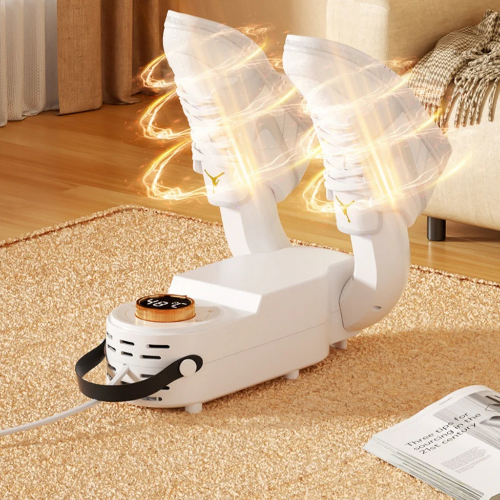 UV Shoe Dryer & Dehumidifier in living room drying a pair of shoes