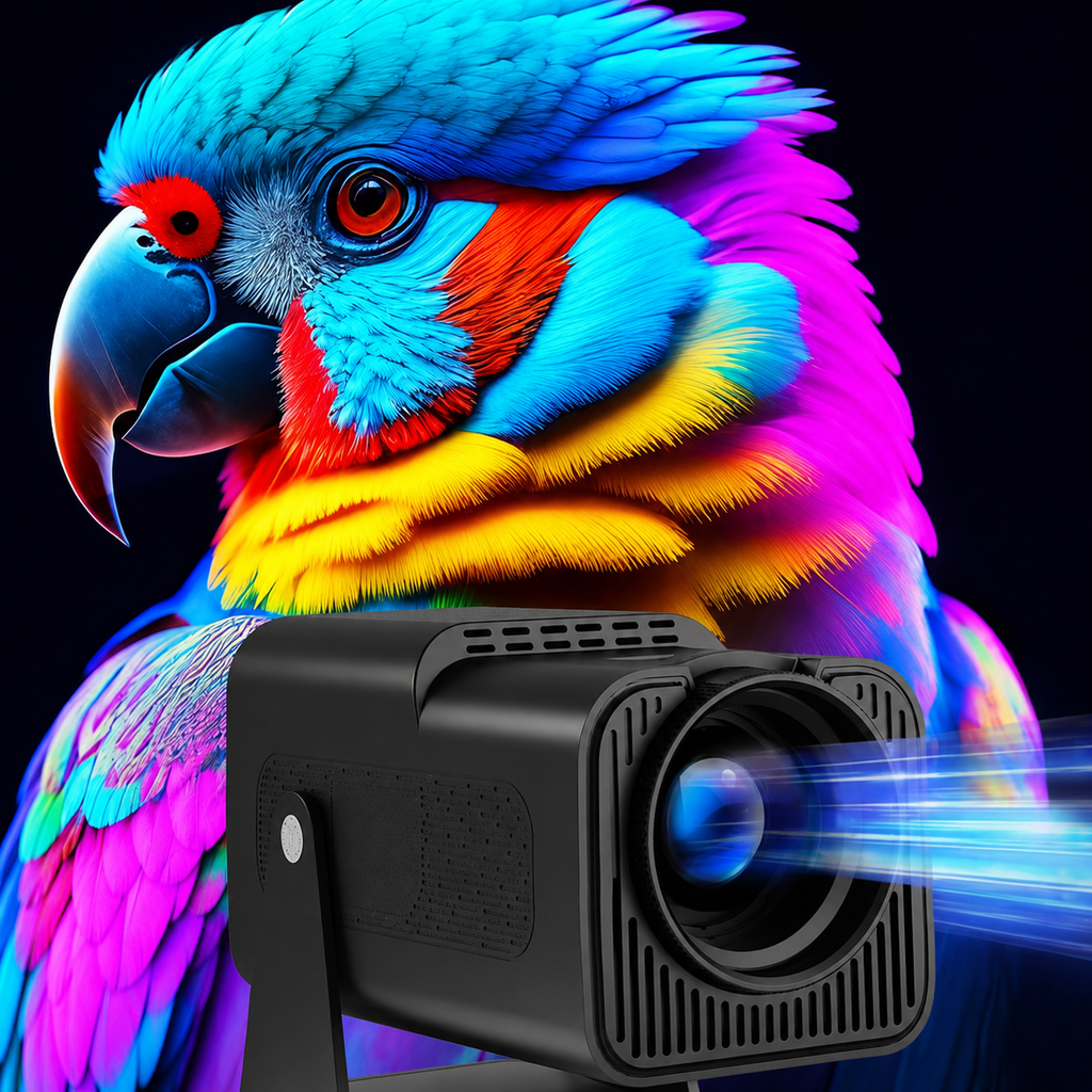 A black projector device shown in the foreground with a bright blue light beam projecting from the lens, set against a vivid, neon-colored close-up of a parrot on a black background.